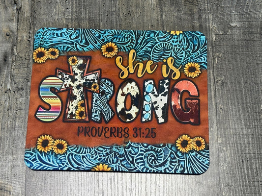 She Is Strong Mouse Pad – Western Proverbs 31:25 Design with Sunflowers & Cross