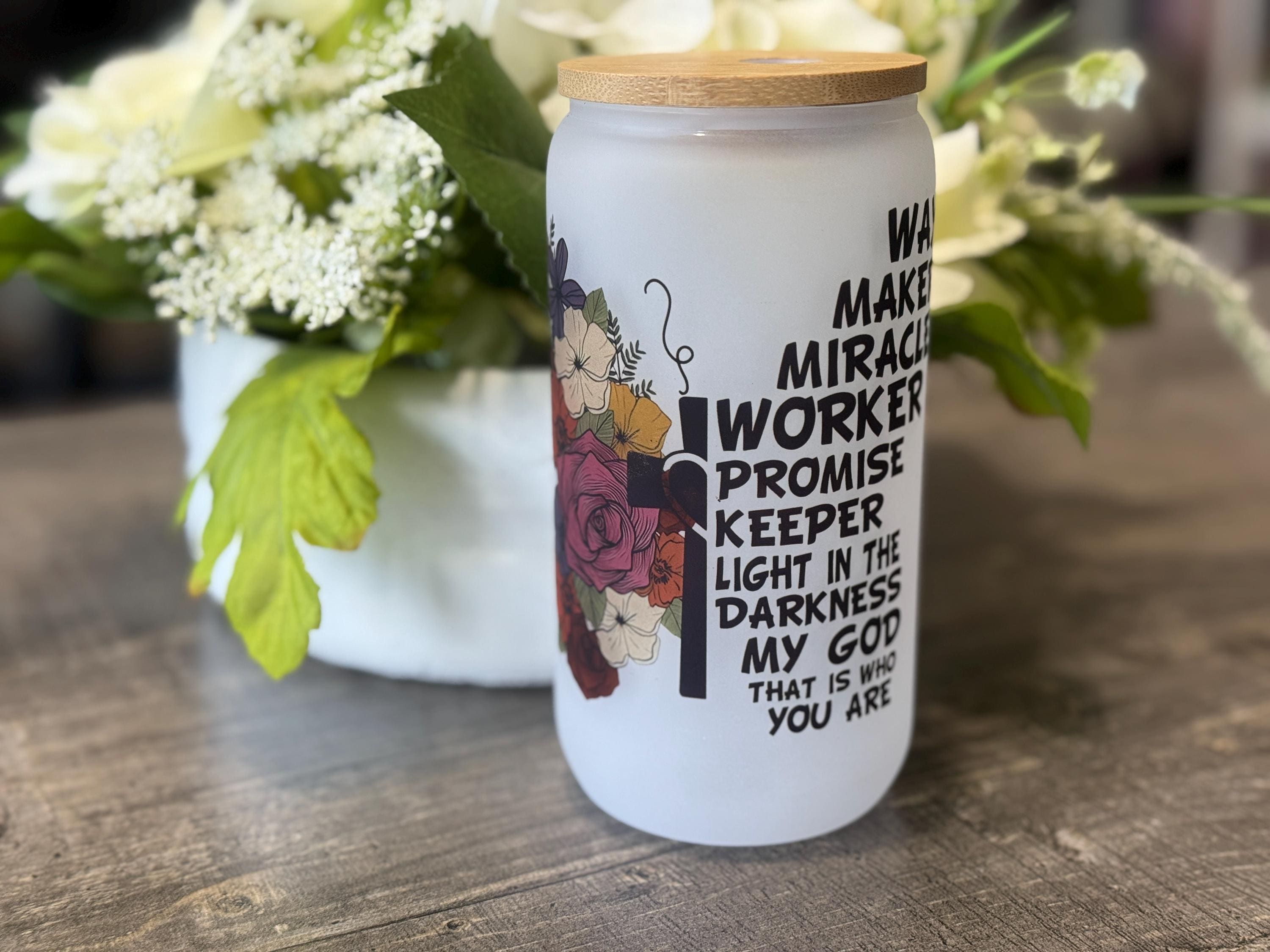 Way Maker Miracle Worker Tumbler | 16oz Frosted Glass with Bamboo Lid & Straw | Christian Gift