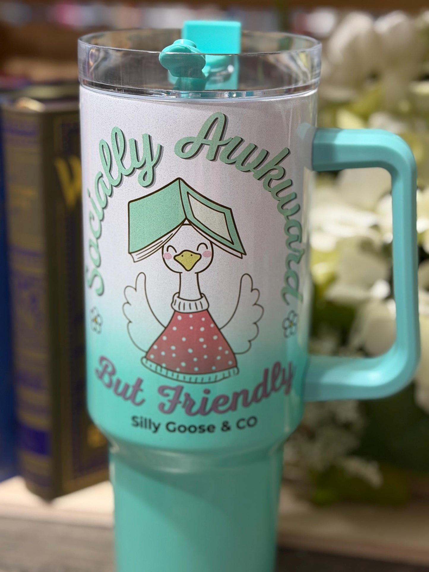 Socially Awkward But Friendly Tumbler – 40oz Stanley Style Bookish Goose Cup – Green Ombre Reader Gift – Silly Goose & Co