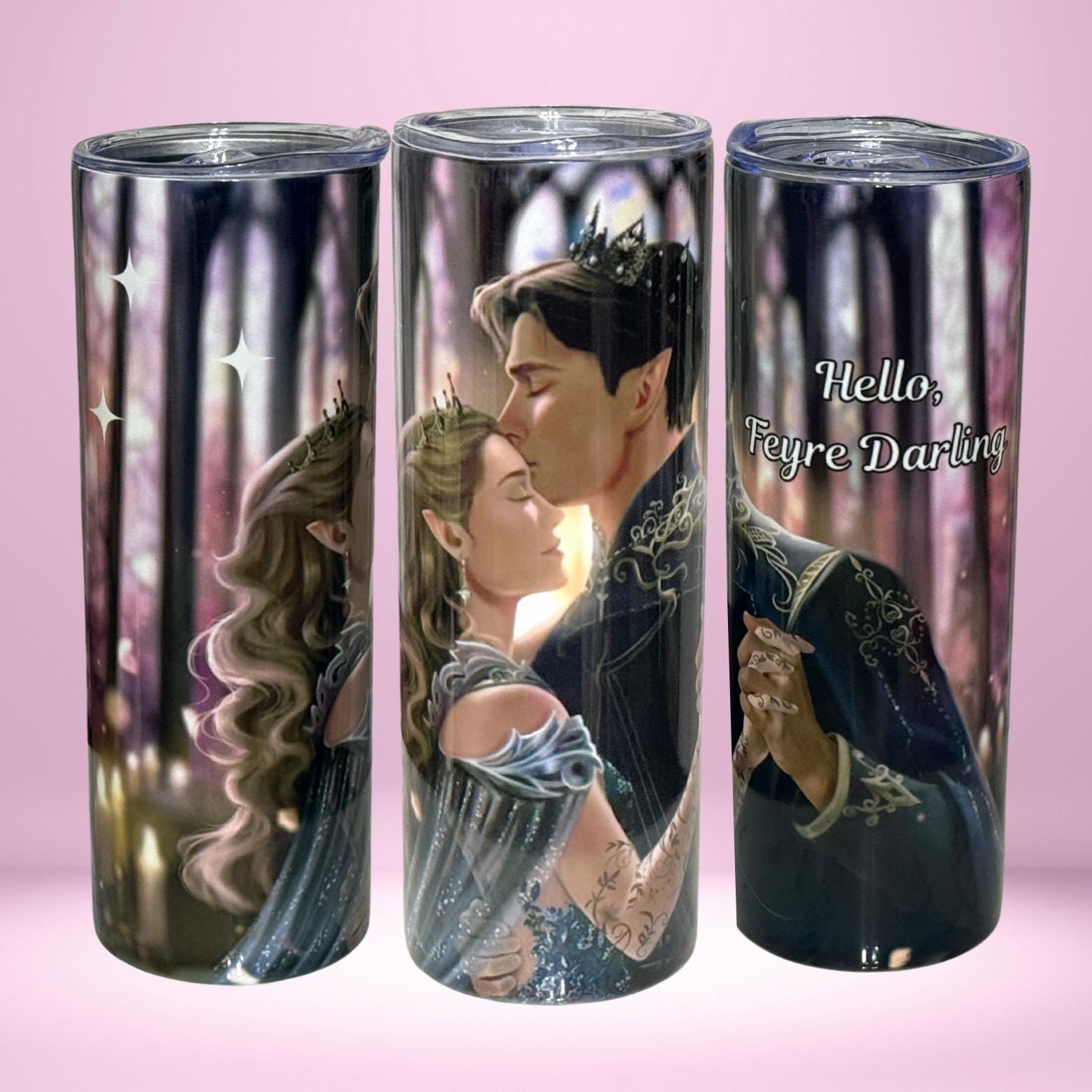 ACOTAR Inspired Tumbler – Feyre & Rhysand Romantic Fantasy Cup – "Hello, Feyre Darling" Elven Couple Design