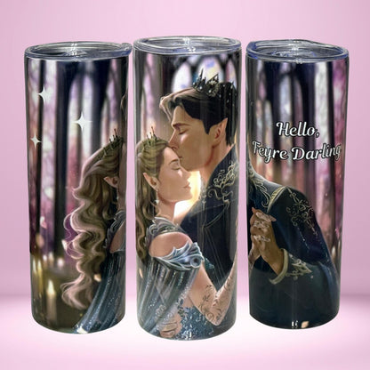 ACOTAR Inspired Tumbler – Feyre & Rhysand Romantic Fantasy Cup – "Hello, Feyre Darling" Elven Couple Design