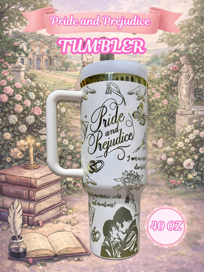 Pride and Prejudice Stanley Style 40oz Engraved Tumbler | White Rainbow Bookish Cup | Jane Austen Inspired Gift | Romance Reader Mug