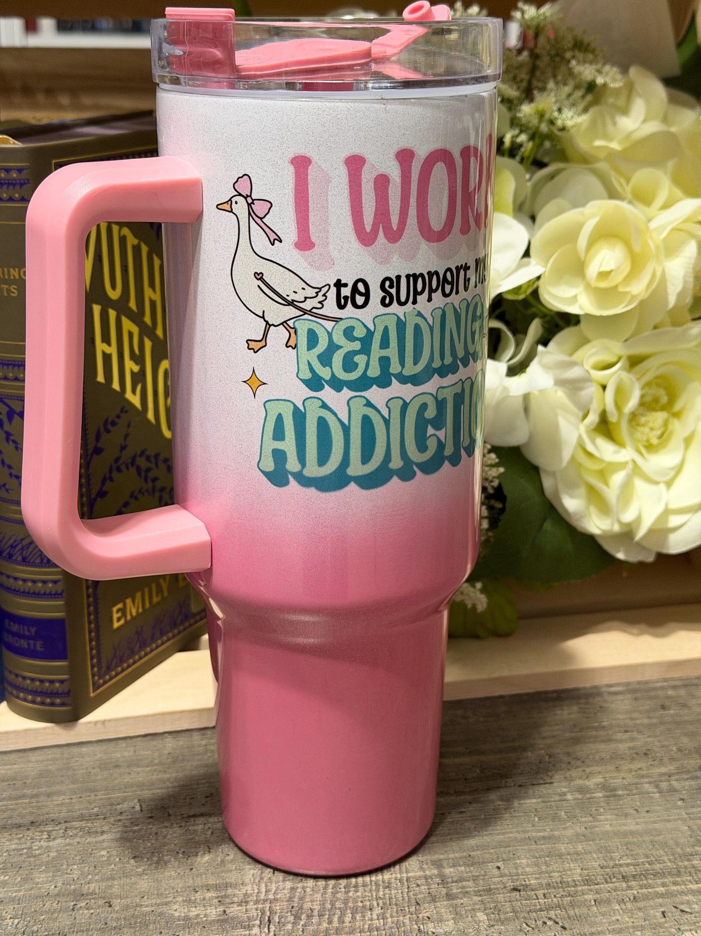 I Work to Support My Reading Addiction 40oz Stanley Style Tumbler – Pink Ombre Book Lover Travel Mug with Handle & Straw