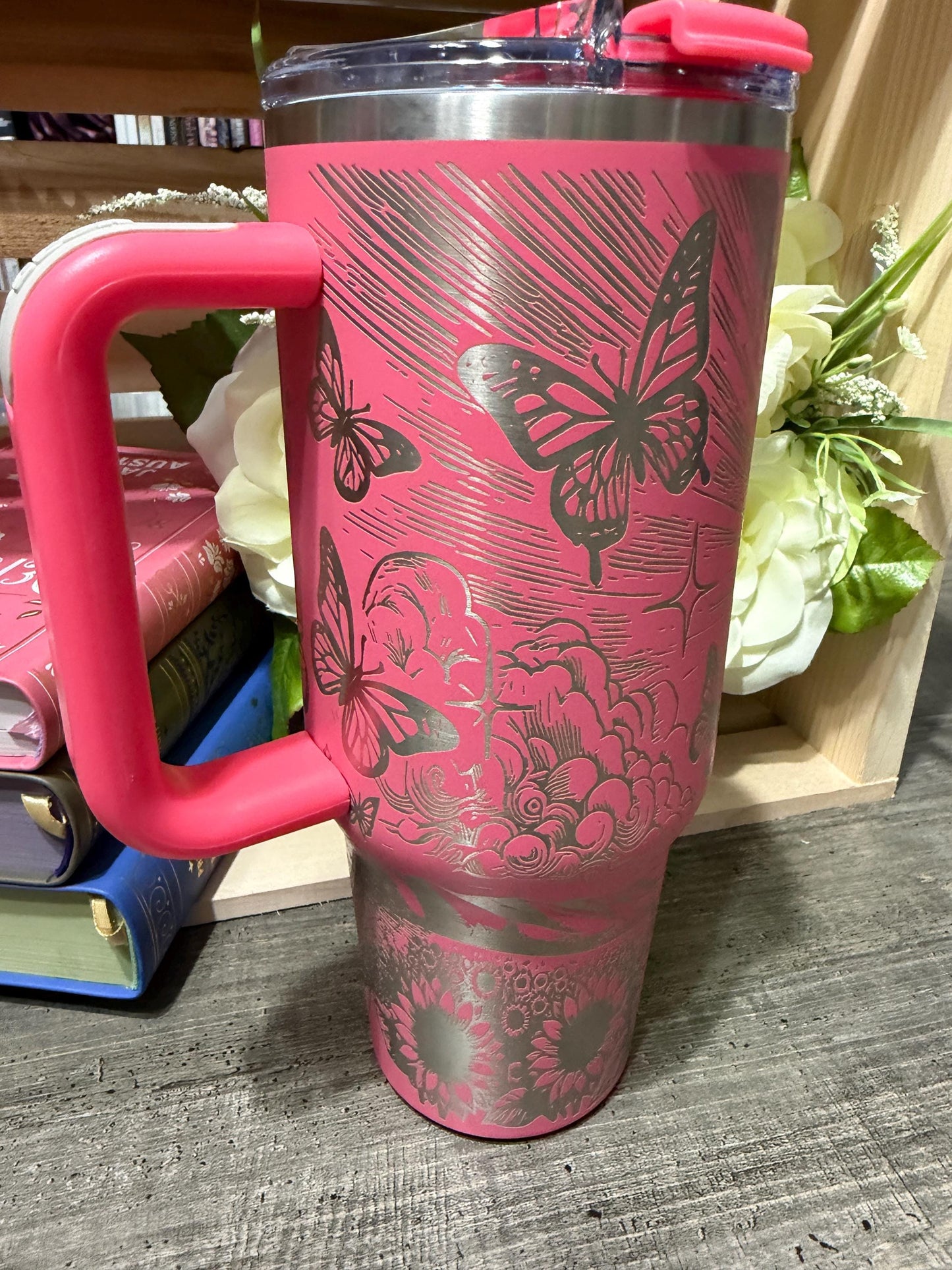 Pink Butterfly Cross 40oz Tumbler with Handle | Faith Inspired Engraved Stanley Style Cup | Christian Gift for Women | Floral Jesus Cup
