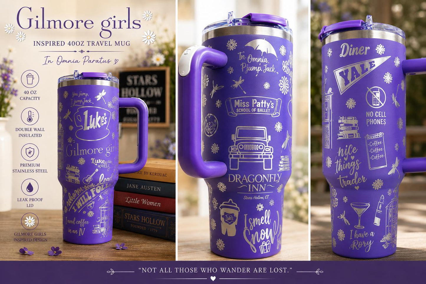 Gilmore Girls 40oz Engraved Tumbler | Stars Hollow Stanley Style Cup | Luke’s Coffee Travel Mug | Bookish TV Show Gift | Purple Tumbler