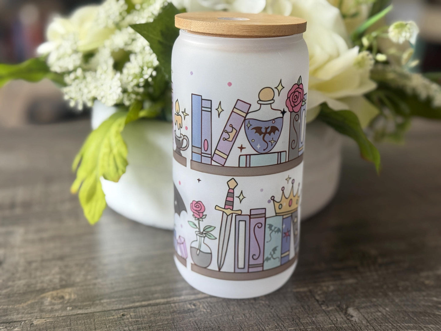 Magical Bookshelf Frosted Glass Tumbler with Bamboo Lid and Straw | 16oz Book Lover Gift | Fantasy Aesthetic Drinkware