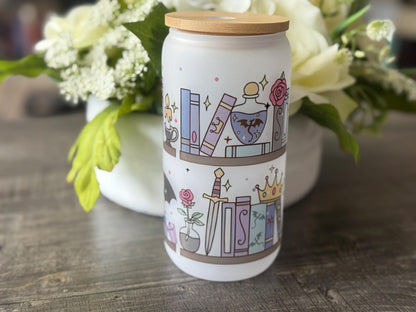 Magical Bookshelf Frosted Glass Tumbler with Bamboo Lid and Straw | 16oz Book Lover Gift | Fantasy Aesthetic Drinkware