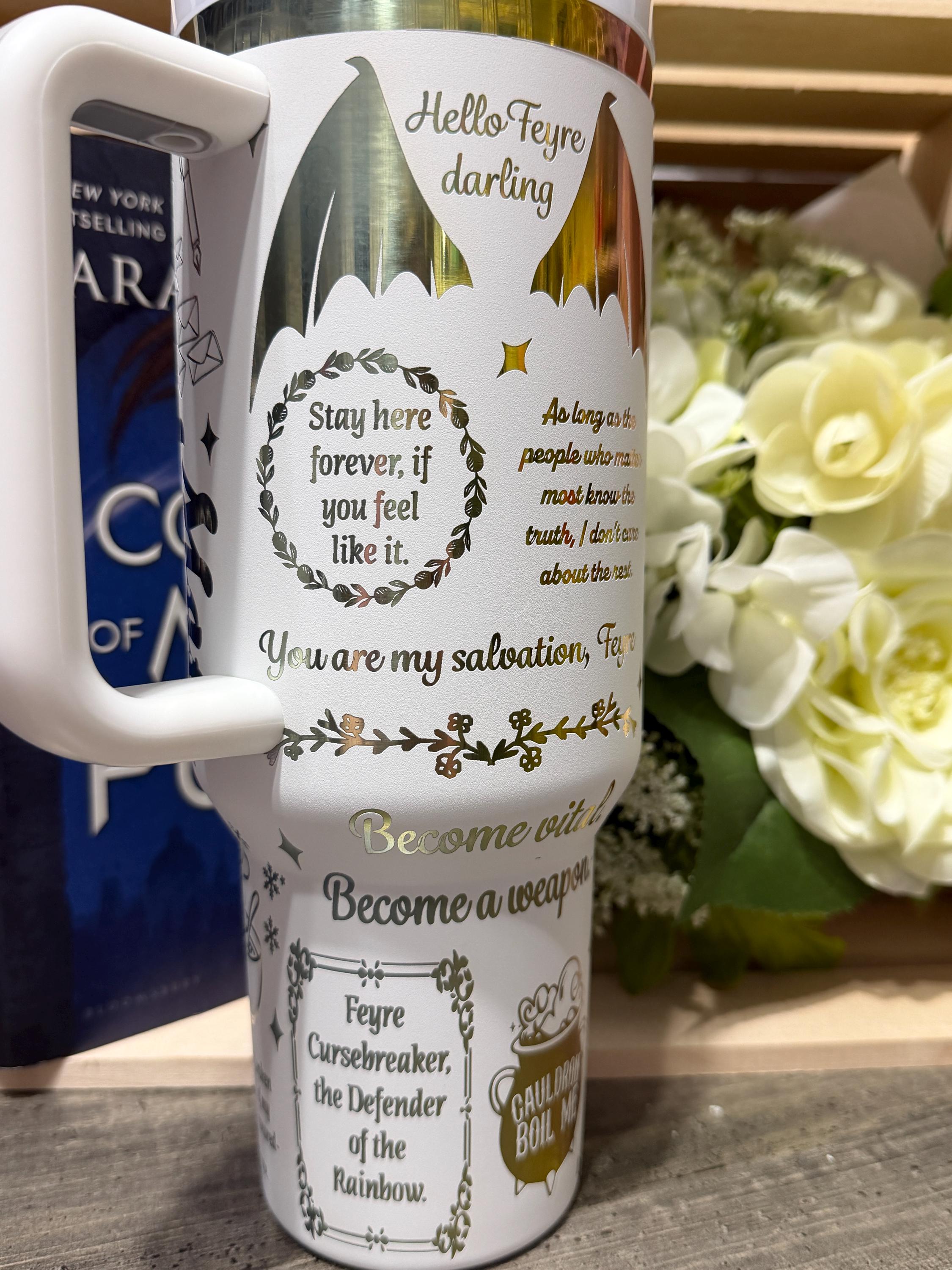 Velaris 40oz Stanley Style Tumbler – ACOTAR Inspired Cup – Night Court Rhysand & Feyre Quotes – White Rainbow Bookish Tumbler with Handle