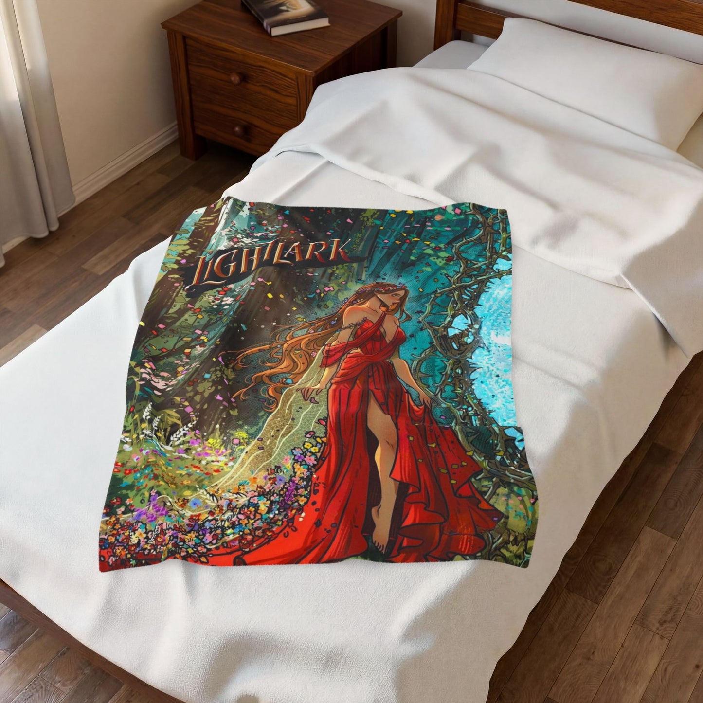 Lightlark-Inspired Enchanted Forest Blanket | Isla in Crimson Gown | Bookish Fantasy Throw