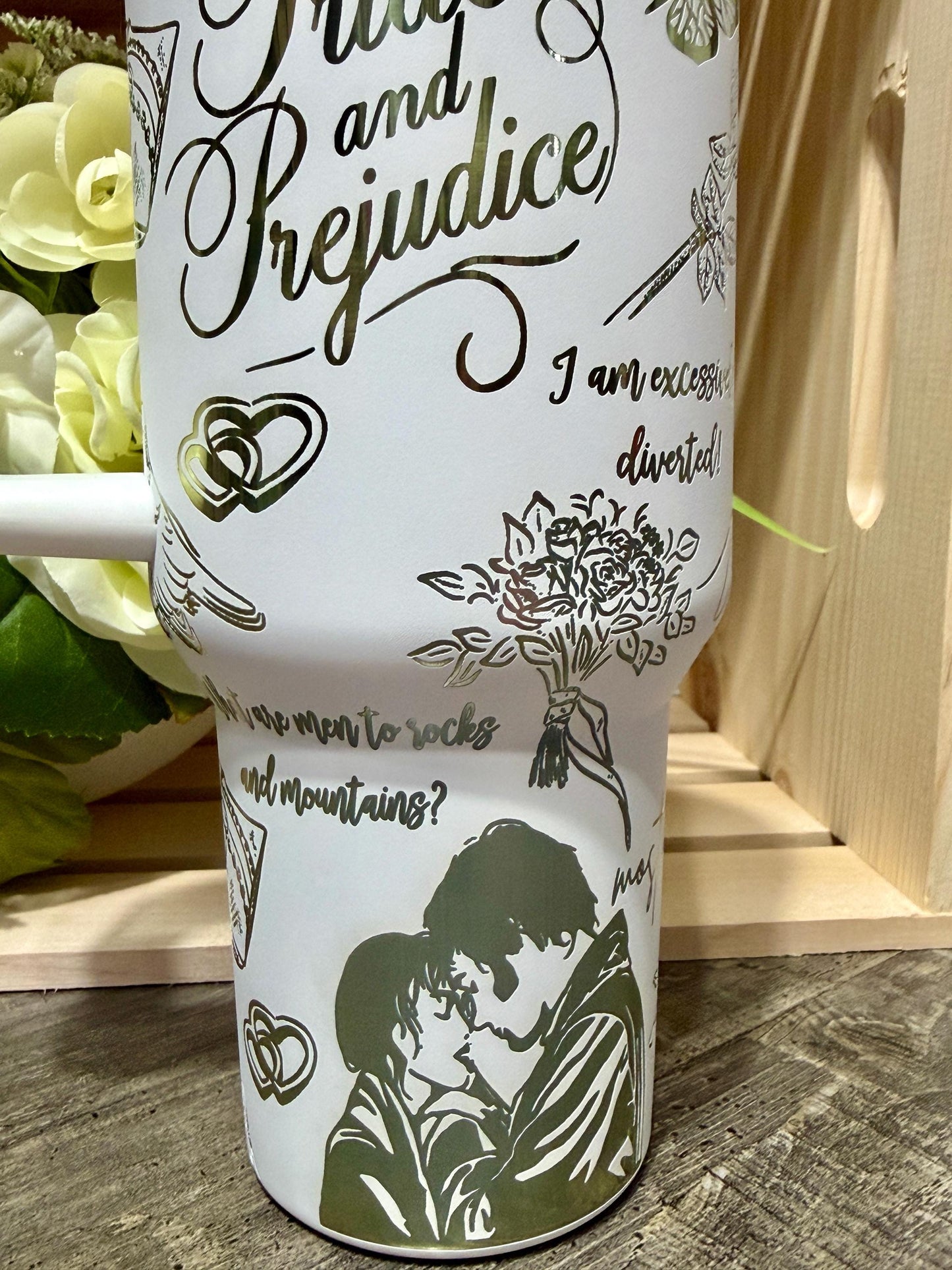 Pride and Prejudice Stanley Style 40oz Engraved Tumbler | White Rainbow Bookish Cup | Jane Austen Inspired Gift | Romance Reader Mug