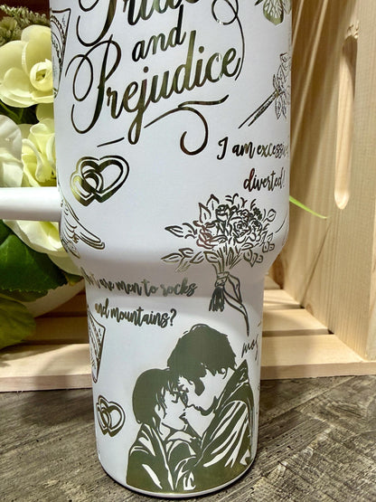 Pride and Prejudice Stanley Style 40oz Engraved Tumbler | White Rainbow Bookish Cup | Jane Austen Inspired Gift | Romance Reader Mug