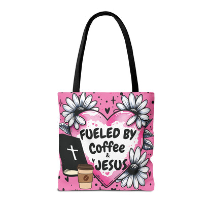 Fueled by Coffee & Jesus Christian Tote Bag | Pink Floral Faith Market Bag