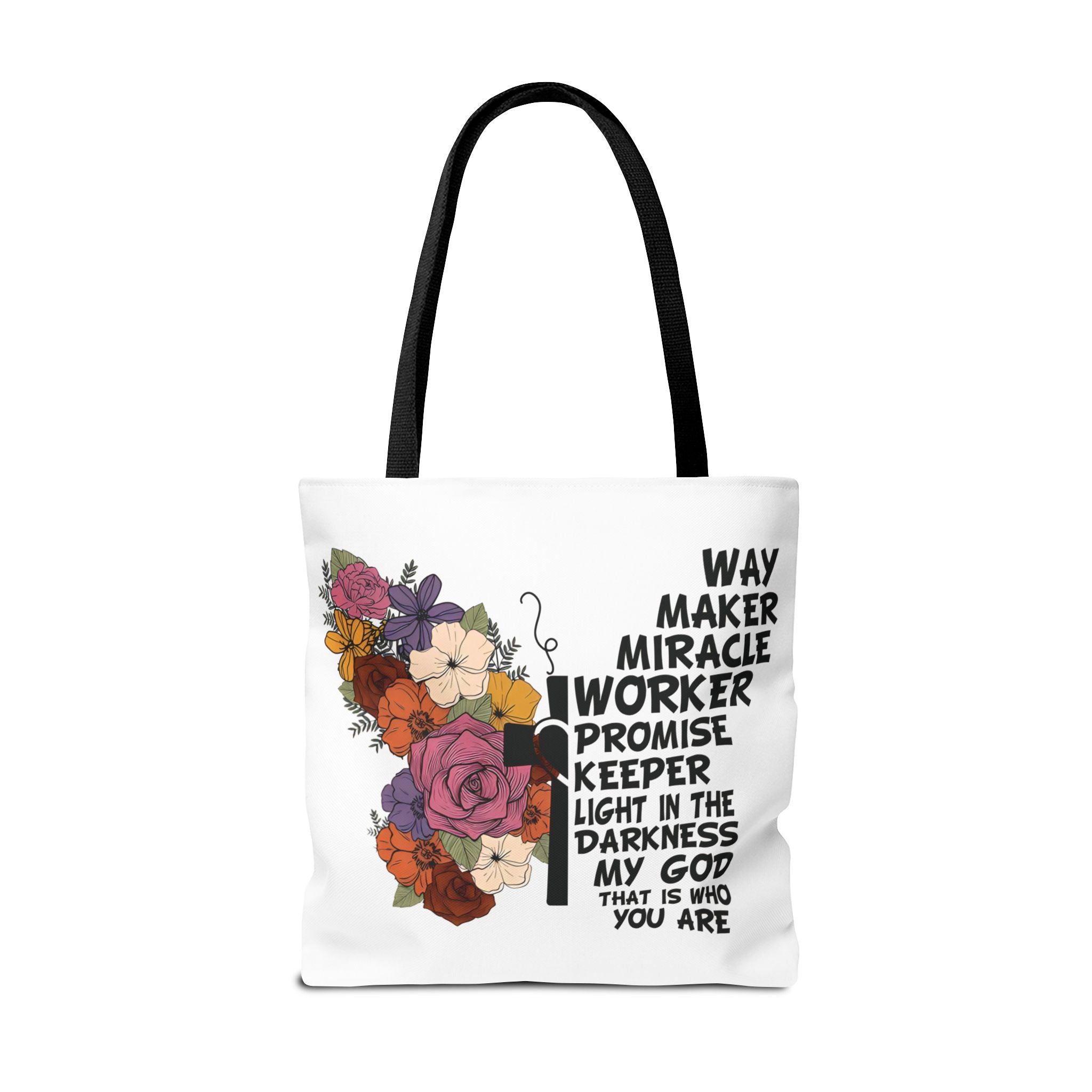 Way Maker Miracle Worker Christian Tote Bag | Floral Cross Bible Verse Tote