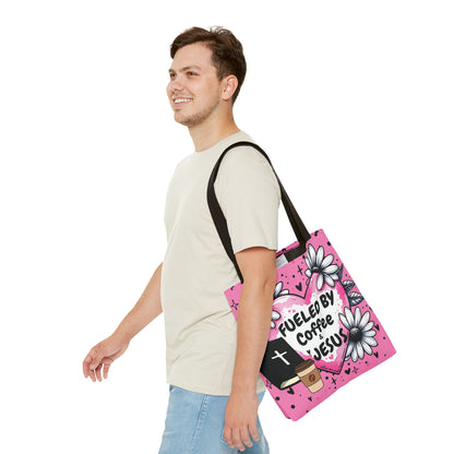 Fueled by Coffee & Jesus Christian Tote Bag | Pink Floral Faith Market Bag