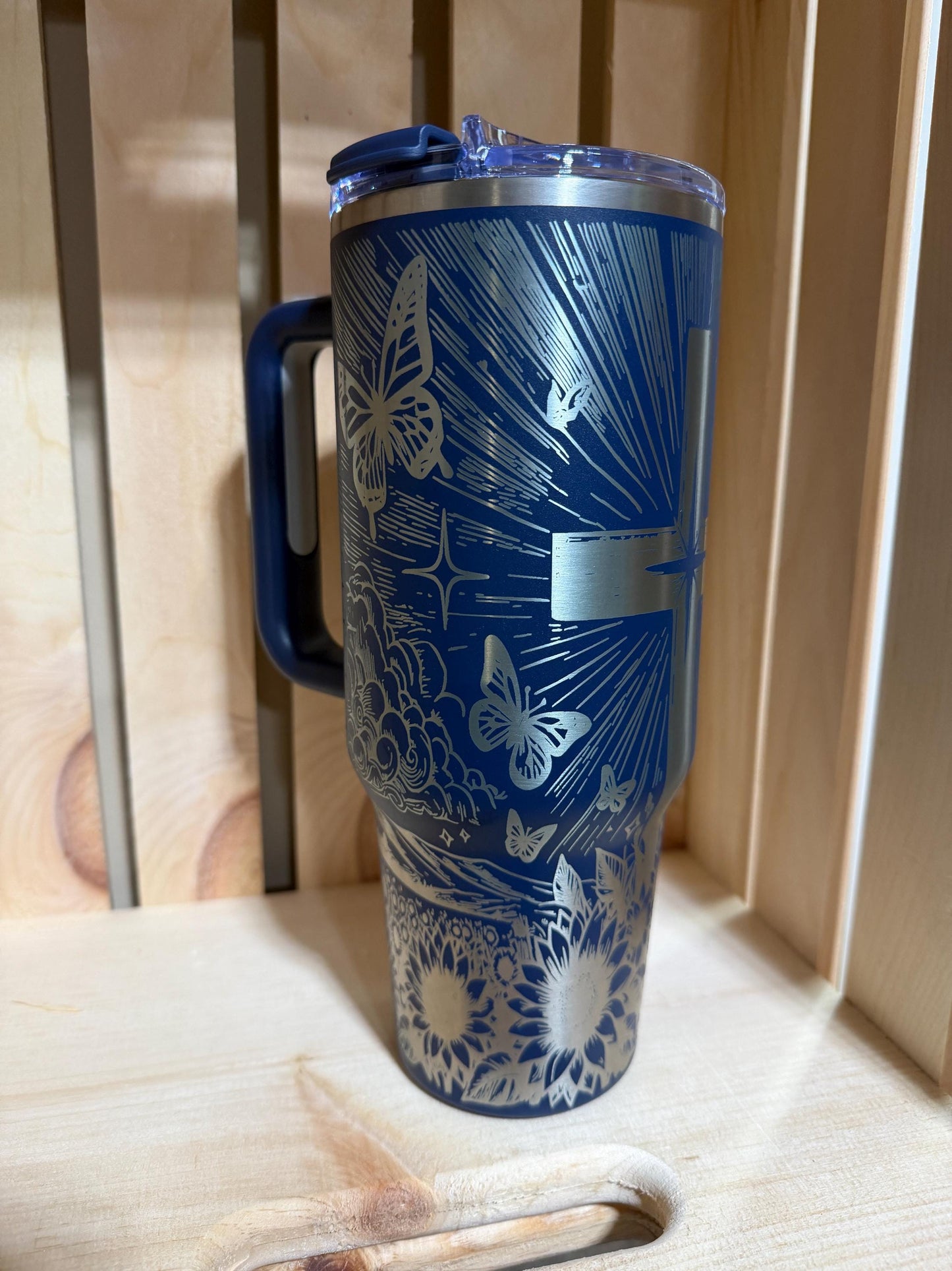 Pink Butterfly Cross 40oz Tumbler with Handle | Faith Inspired Engraved Stanley Style Cup | Christian Gift for Women | Floral Jesus Cup