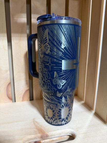 Pink Butterfly Cross 40oz Tumbler with Handle | Faith Inspired Engraved Stanley Style Cup | Christian Gift for Women | Floral Jesus Cup