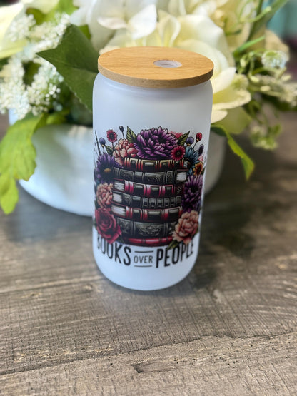 Books Over People Frosted Glass Tumbler with Bamboo Lid and Straw | 16oz Book Lover Gift | Floral Reading Aesthetic Cup