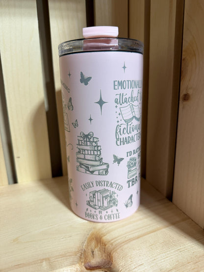 Bookish 4-in-1 Can Cooler Tumbler | Pink Reader Drinkware, Book Lover Gift