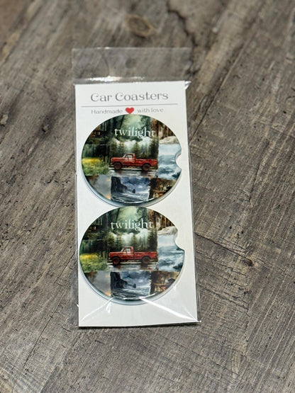Twilight Forest & Red Truck Car Coasters – Bella, Jacob, Edward Aesthetic Set