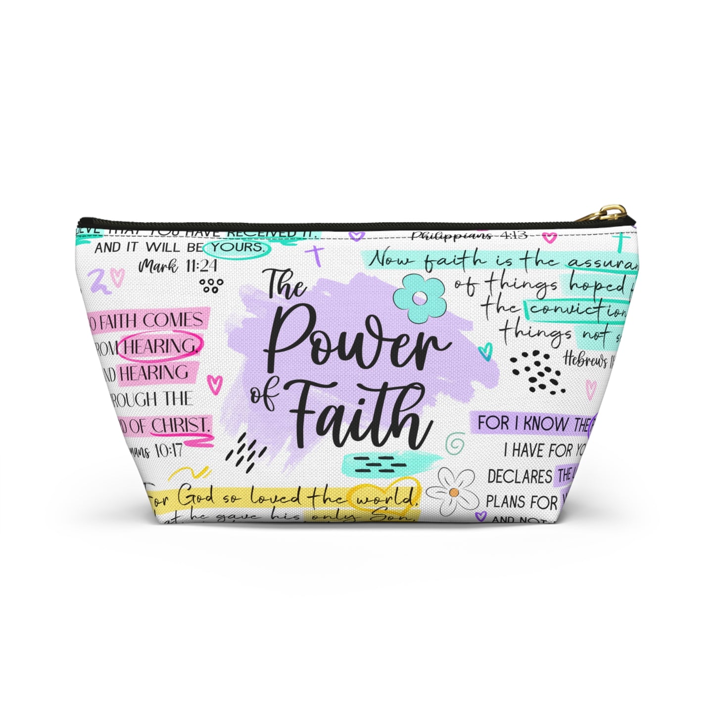 Power of Faith Bible Verse Cosmetic Bag | Pastel Christian Zipper Pouch with Scripture & Butterflies