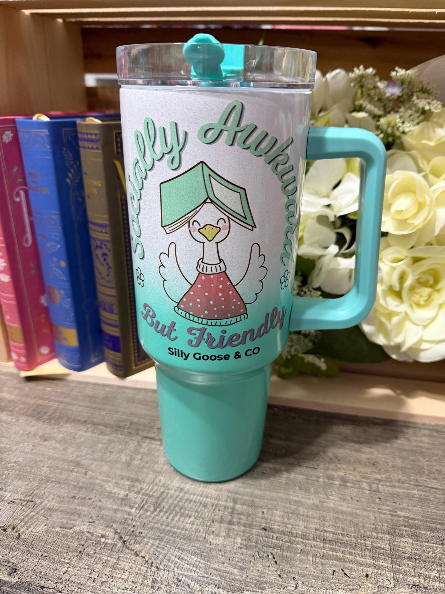 Socially Awkward But Friendly Tumbler – 40oz Stanley Style Bookish Goose Cup – Green Ombre Reader Gift – Silly Goose & Co