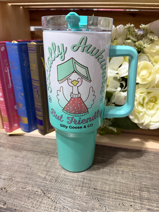 Socially Awkward But Friendly Tumbler – 40oz Stanley Style Bookish Goose Cup – Green Ombre Reader Gift – Silly Goose & Co