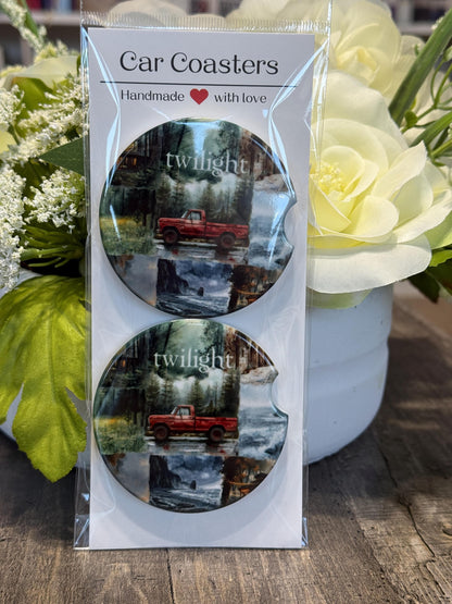 Twilight Forest & Red Truck Car Coasters – Bella, Jacob, Edward Aesthetic Set