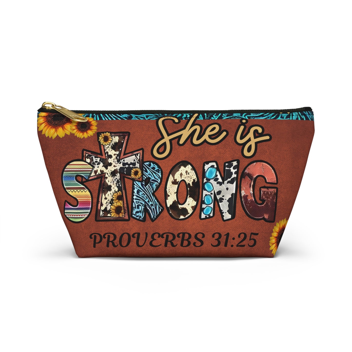 She is Strong Proverbs 31:25 Cosmetic Bag | Western Faith Inspired Sunflower Pouch
