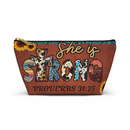 She is Strong Proverbs 31:25 Cosmetic Bag | Western Faith Inspired Sunflower Pouch