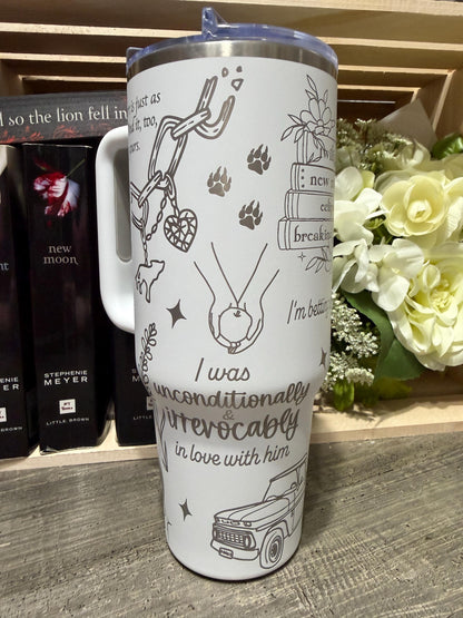 Twilight Inspired 40oz Engraved Tumbler with Handle – Bookish Gift – “And So the Lion Fell in Love with the Lamb”