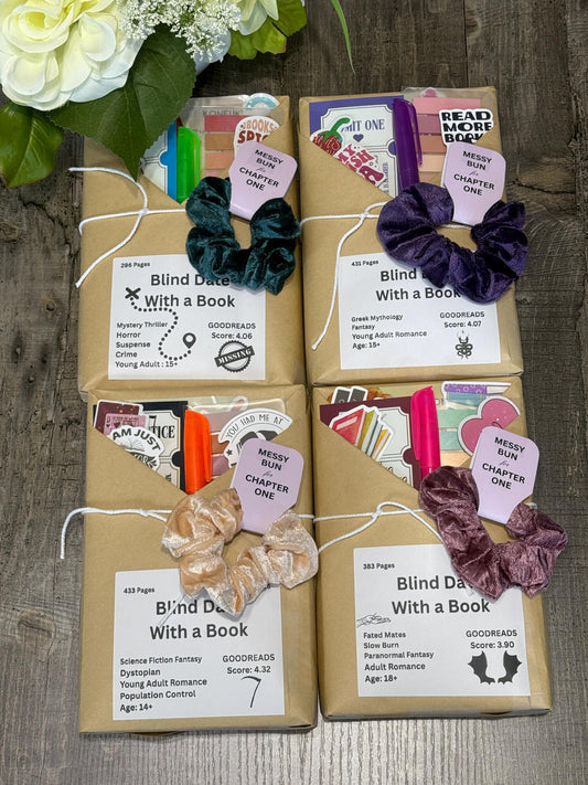 Blind Date With a Book | Surprise Wrapped Book Gift Set with Scrunchie, Stickers & More - Multiple Options to Choose from!