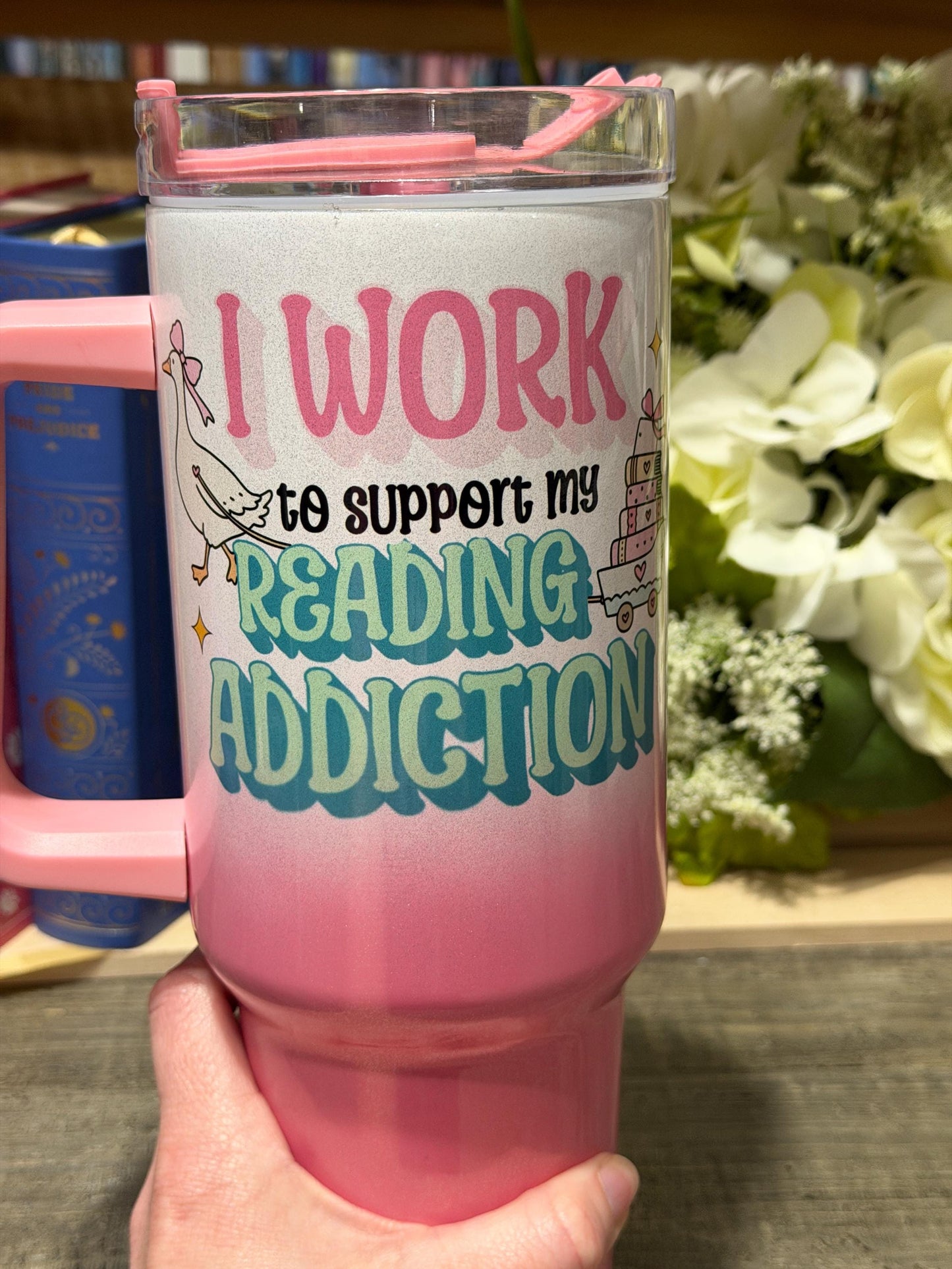I Work to Support My Reading Addiction 40oz Stanley Style Tumbler – Pink Ombre Book Lover Travel Mug with Handle & Straw
