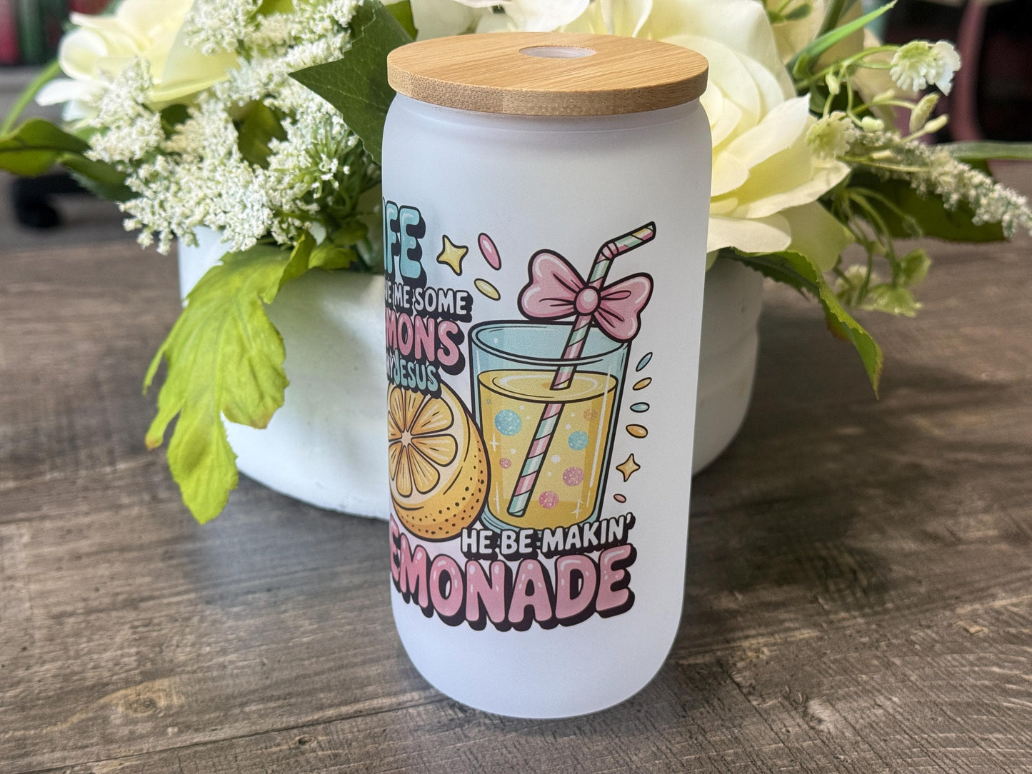 Life Gave Me Lemons Jesus Made Lemonade | 16oz Frosted Glass Tumbler with Bamboo Lid & Straw | Christian Gift, Faith Drinkware