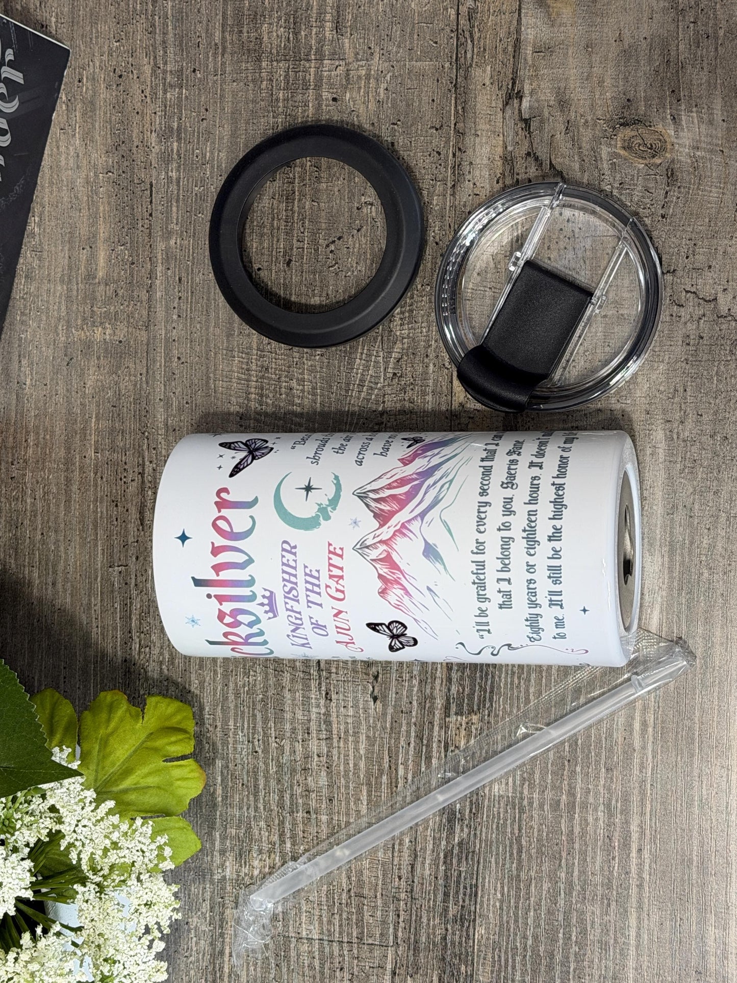 Quicksilver Inspired 4 in 1 Can Cooler | Saeris Fane & Kingfisher Tumbler | Fantasy Romance Bookish Cup | Reader Gift | Insulated Drinkware