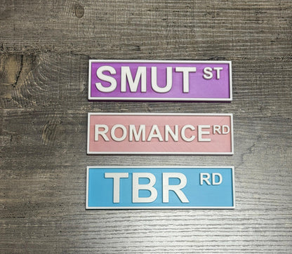 Book Genre Street Signs for Book Lovers | Smut St, Romance Rd, TBR Rd | 3D Printed Bookshelf Decor