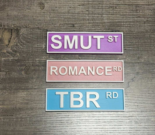 Book Genre Street Signs for Book Lovers | Smut St, Romance Rd, TBR Rd | 3D Printed Bookshelf Decor