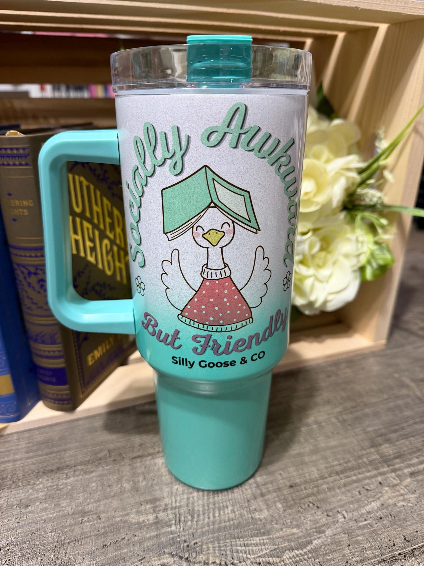 Socially Awkward But Friendly Tumbler – 40oz Stanley Style Bookish Goose Cup – Green Ombre Reader Gift – Silly Goose & Co