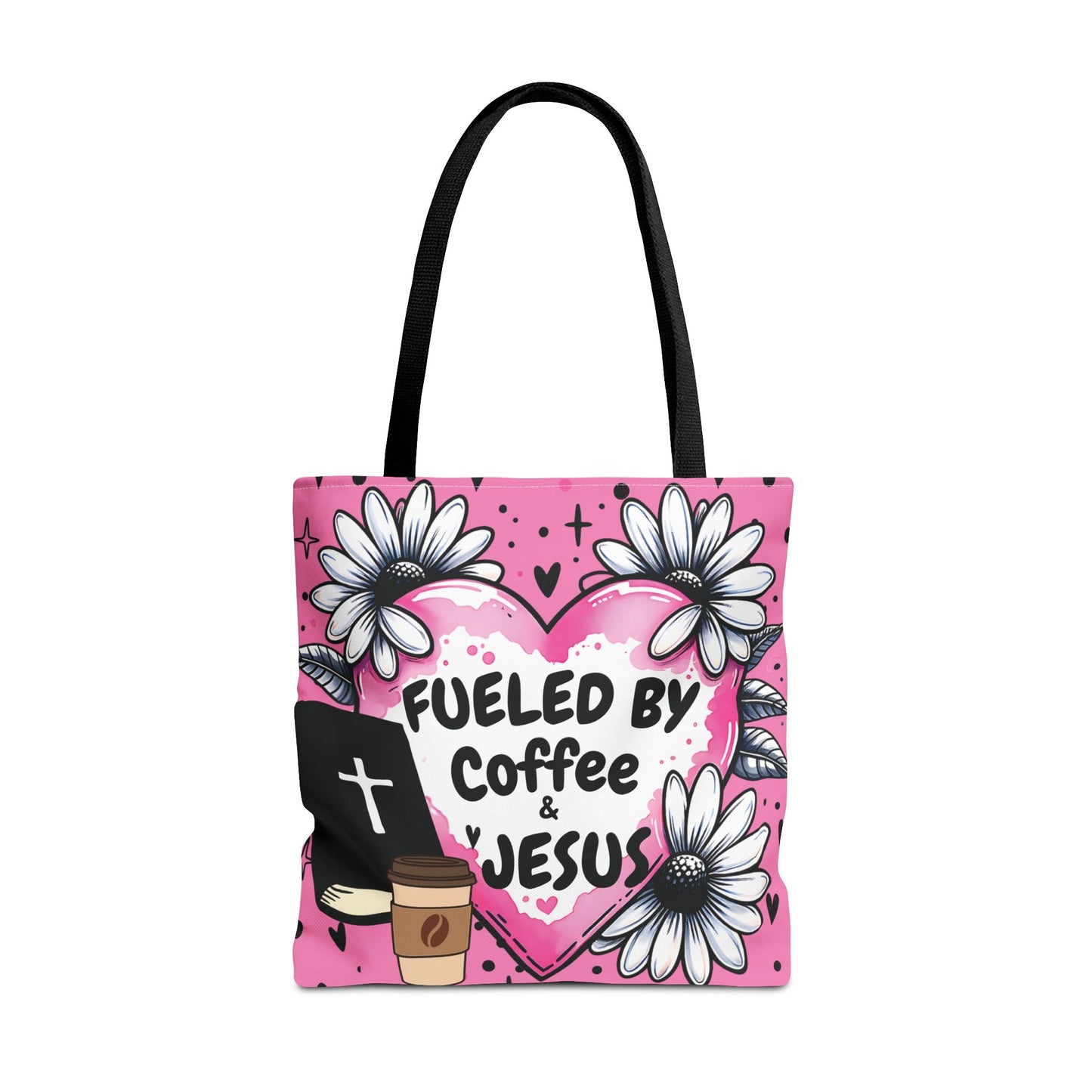 Fueled by Coffee & Jesus Christian Tote Bag | Pink Floral Faith Market Bag