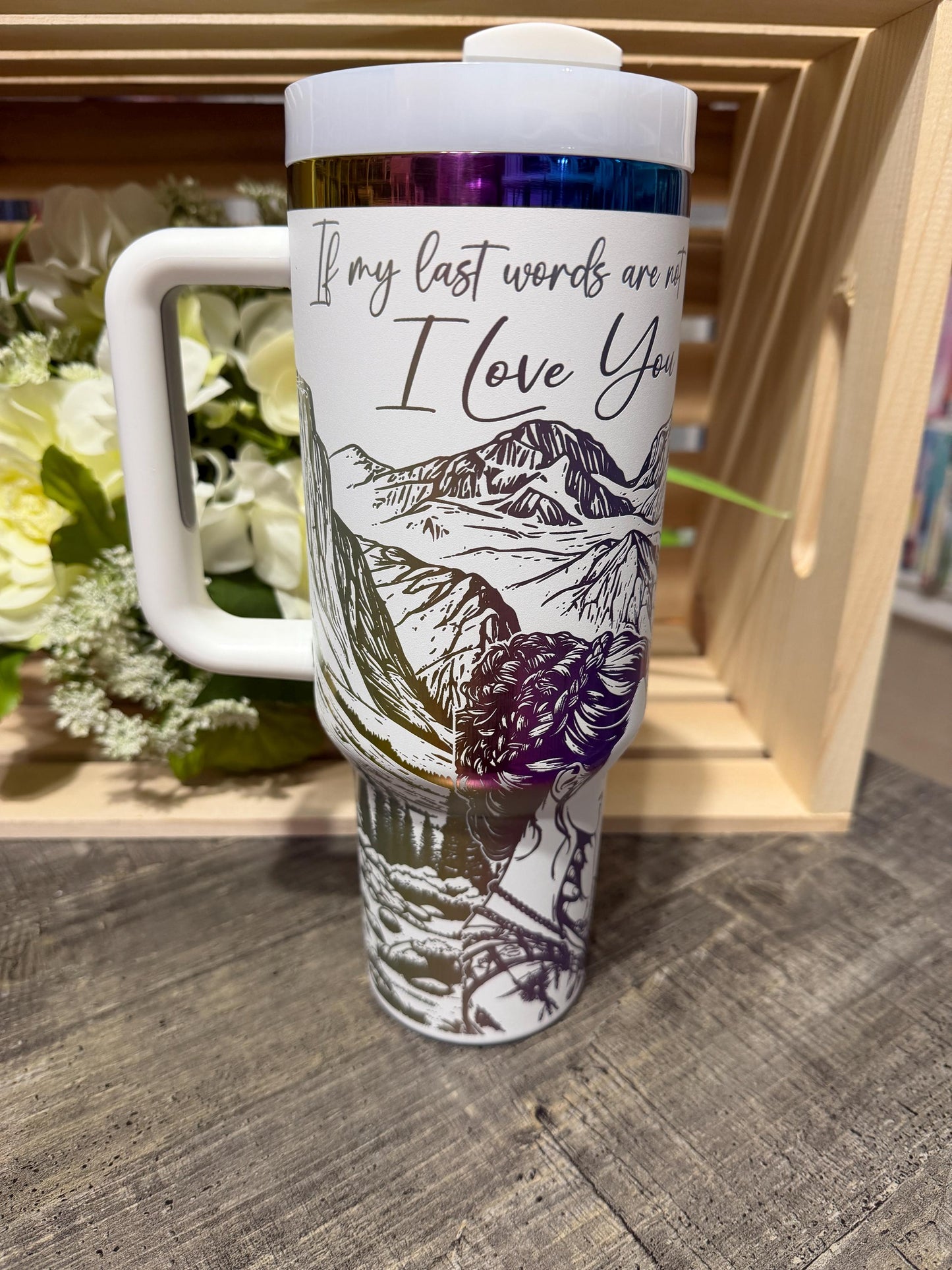 Stanley Style Outlander Inspired 40oz Engraved Tumbler | White Rainbow Stainless Steel Cup | Romance Book Gift | Laser Engraved Mug