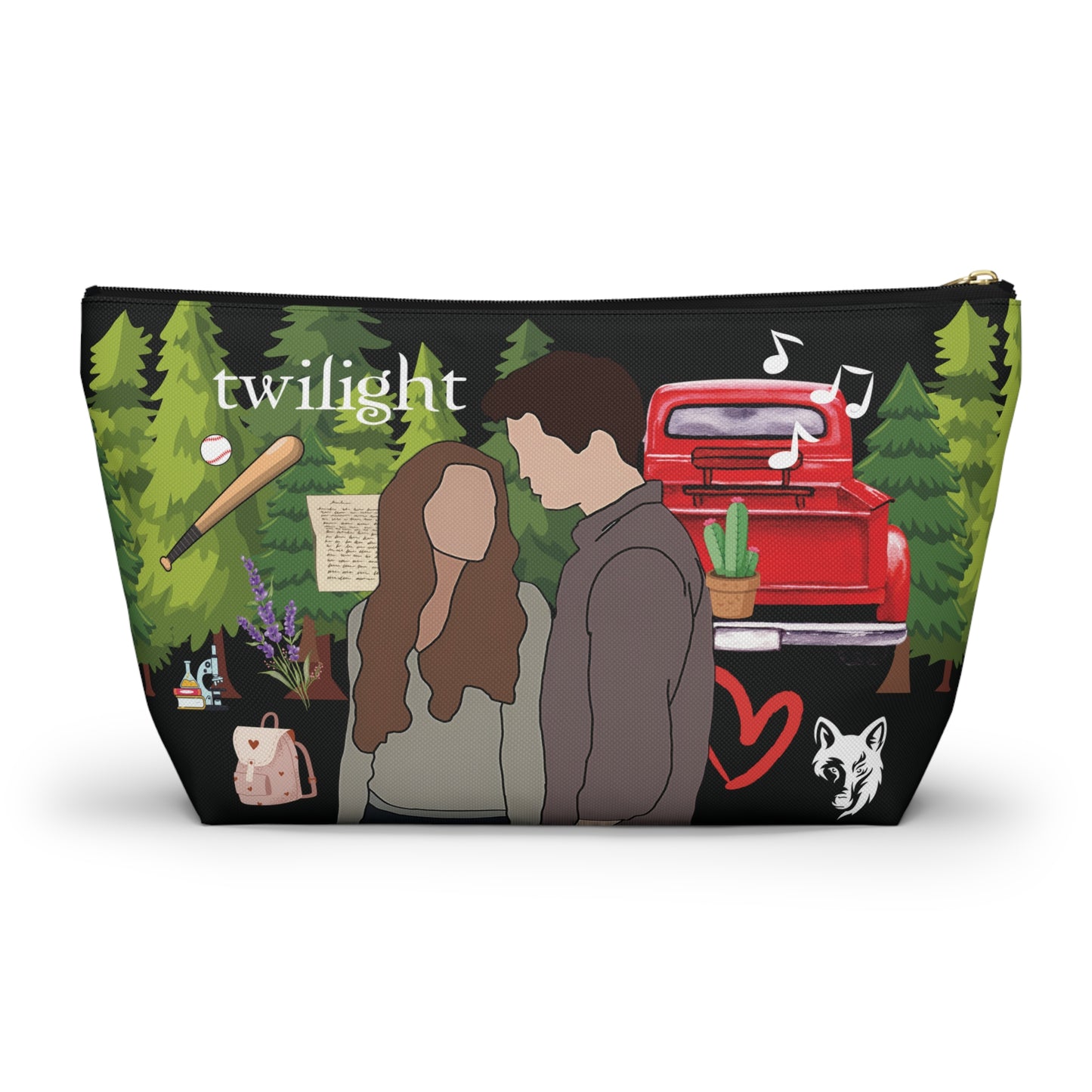 Twilight Inspired Cosmetic Bag | Forest Romance Design with Red Truck & Bookish Icons | YA Zipper Pouch