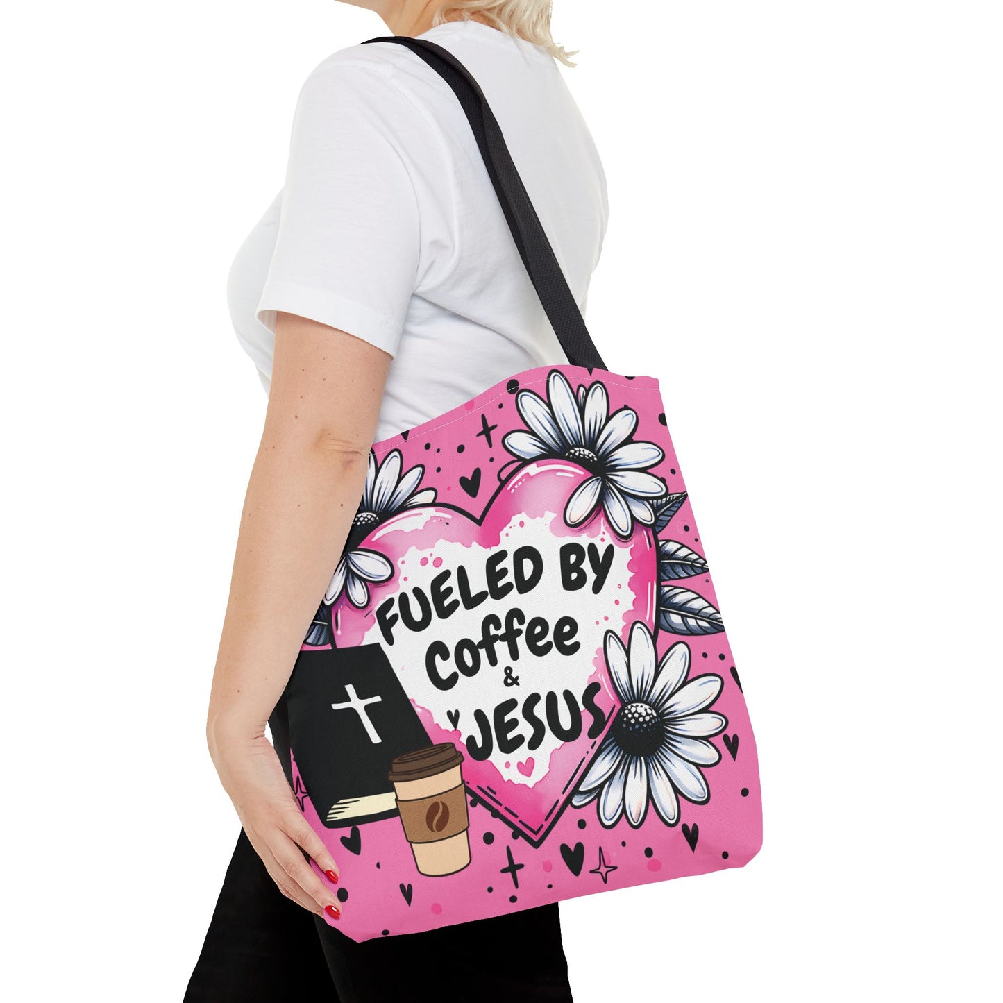 Fueled by Coffee & Jesus Christian Tote Bag | Pink Floral Faith Market Bag