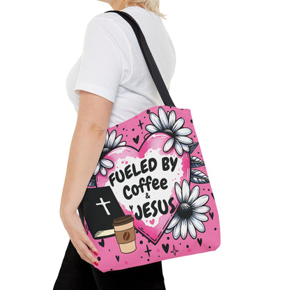 Fueled by Coffee & Jesus Christian Tote Bag | Pink Floral Faith Market Bag