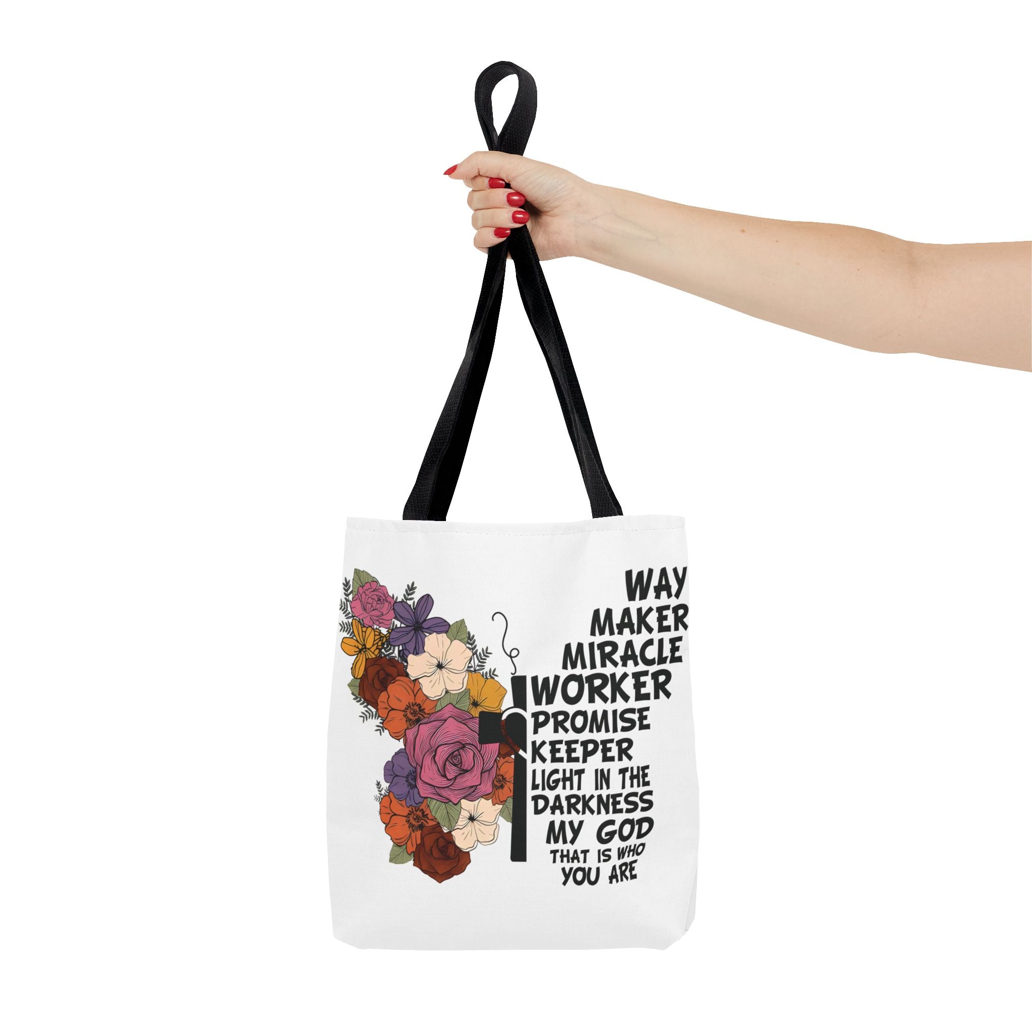 Way Maker Miracle Worker Christian Tote Bag | Floral Cross Bible Verse Tote