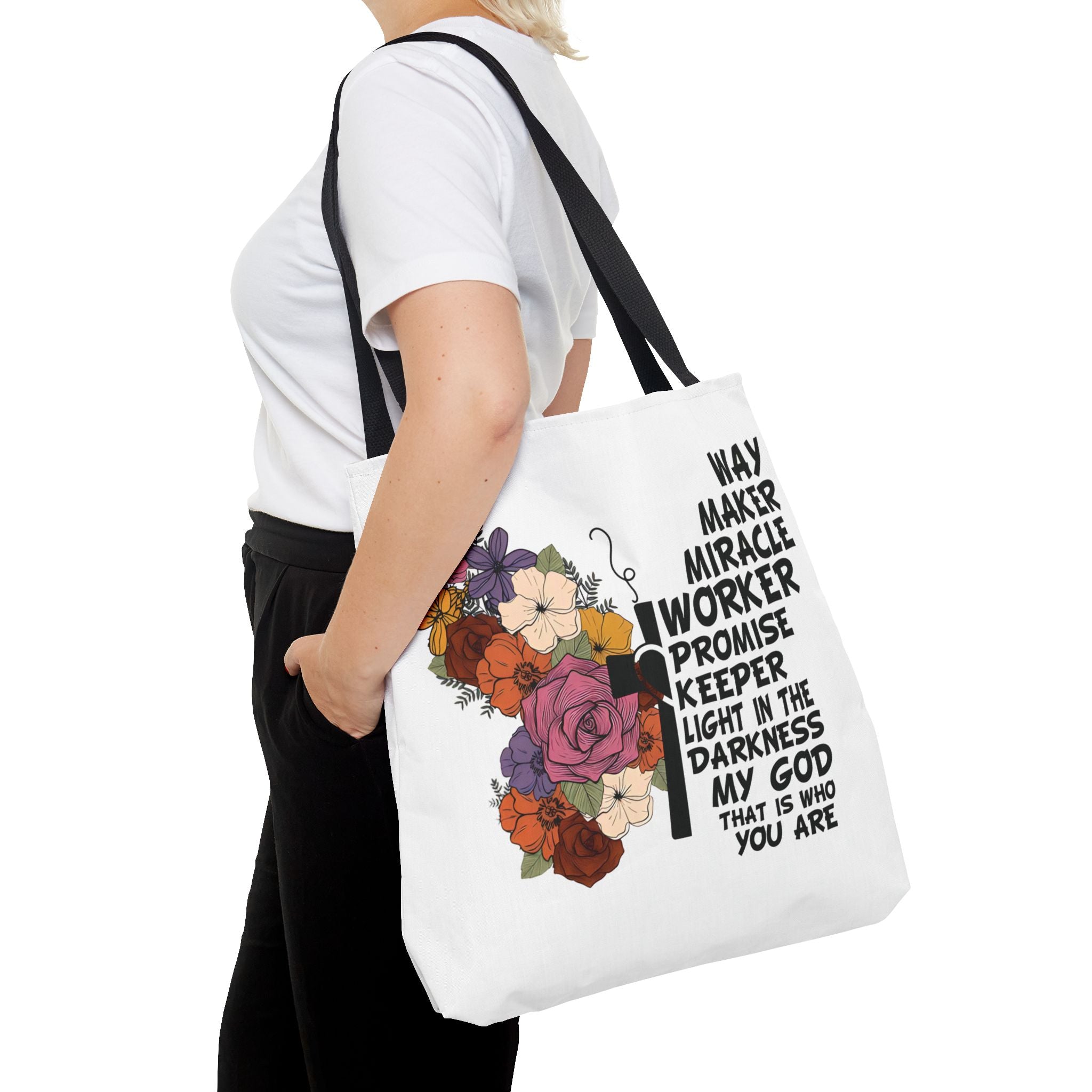Way Maker Miracle Worker Christian Tote Bag | Floral Cross Bible Verse Tote