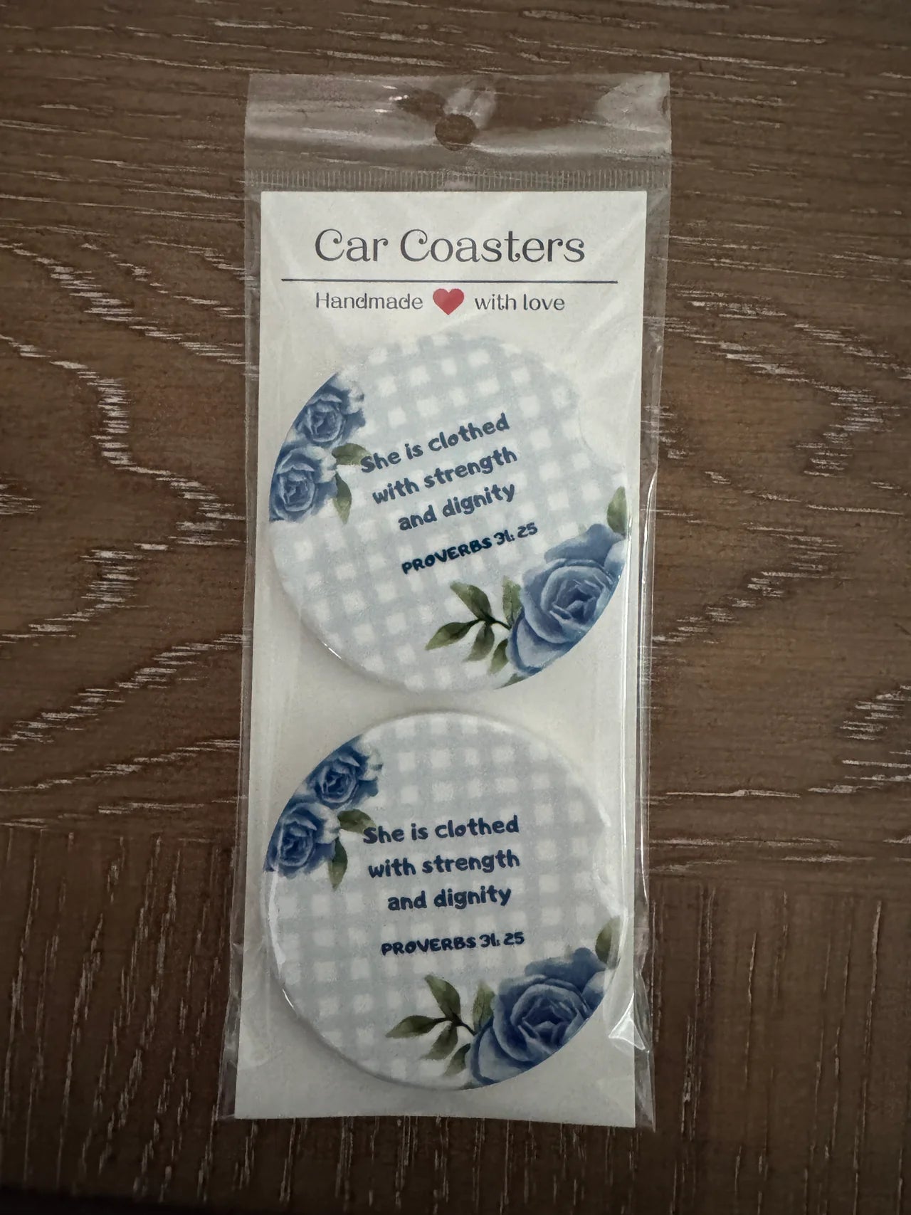 Christian Car Coasters | She is Clothed with Strength