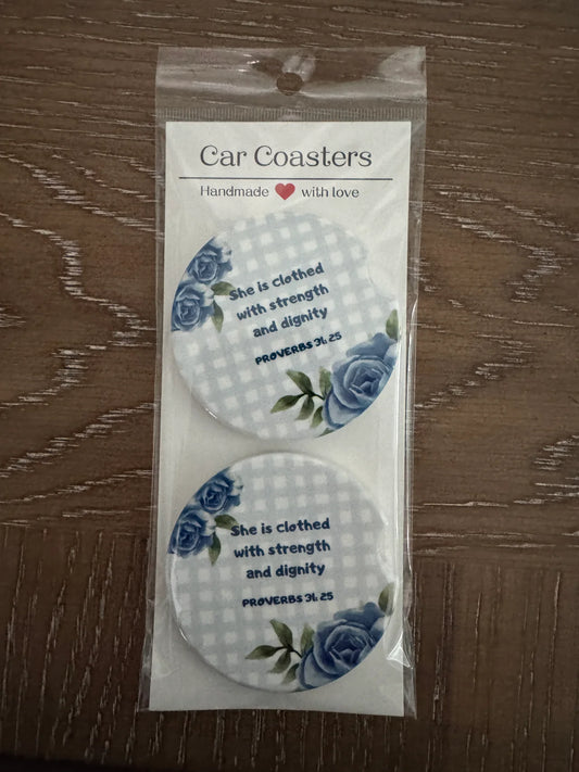 Christian Car Coasters | She is Clothed with Strength