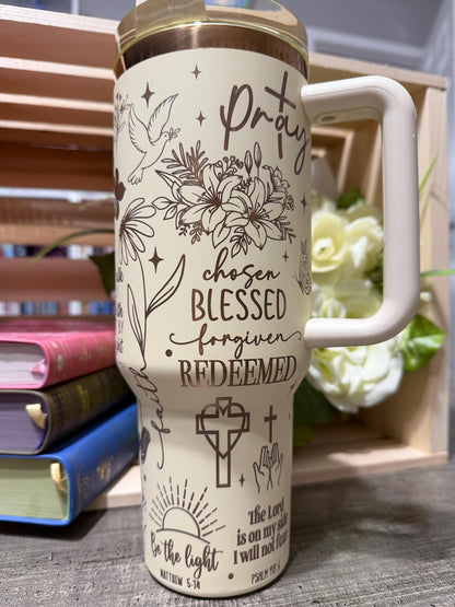 Christian 40oz Engraved Tumbler with Handle | Faith Scripture Cup | Pray Over It Stanley Style Mug | Proverbs 31:25 Gift for Women