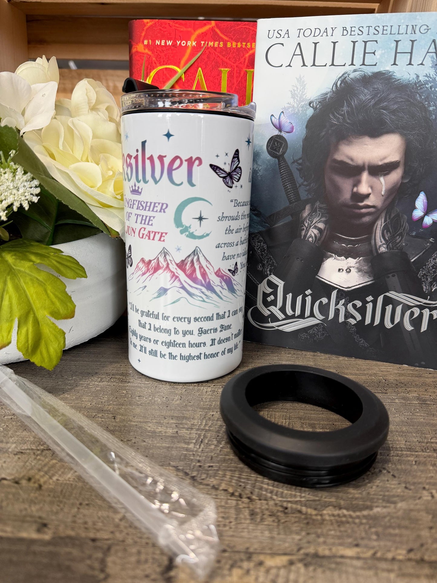 Quicksilver Inspired 4 in 1 Can Cooler | Saeris Fane & Kingfisher Tumbler | Fantasy Romance Bookish Cup | Reader Gift | Insulated Drinkware