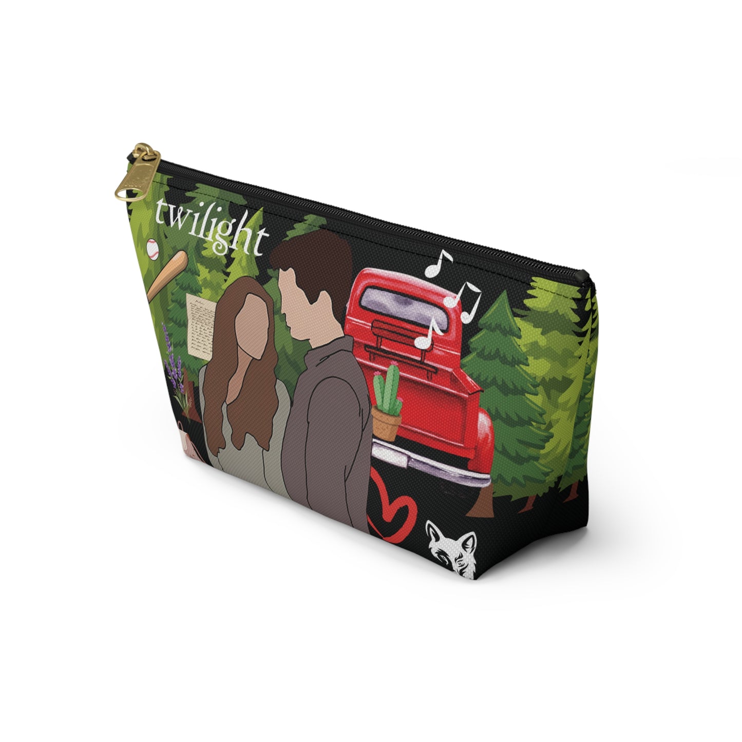 Twilight Inspired Cosmetic Bag | Forest Romance Design with Red Truck & Bookish Icons | YA Zipper Pouch