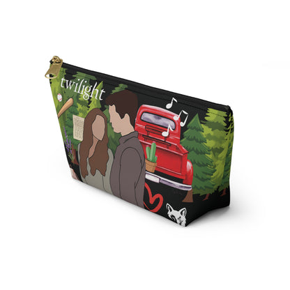 Twilight Inspired Cosmetic Bag | Forest Romance Design with Red Truck & Bookish Icons | YA Zipper Pouch